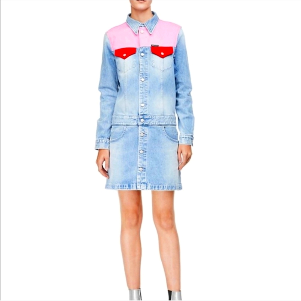 🐄 CALVIN KLEIN | Colorblock Blue Pink Red Trucker Denim Dress - EUC | Size XL